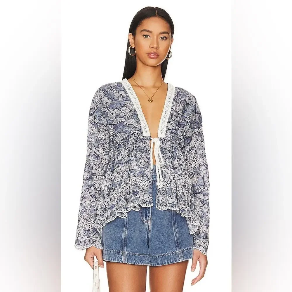 Free People Anissa Bed Jacket Eyelet Lace Tie Front Blue Combo Size S Beach Boho